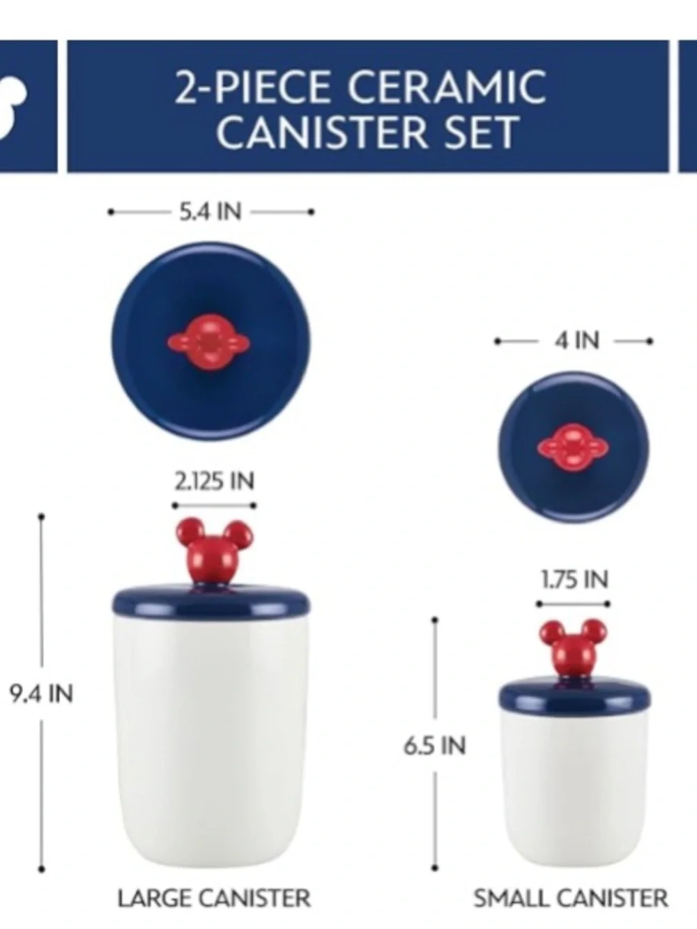 Disney Mickey Mouse Ceramic Canisters Set of 2, Red, White, Blue, NWT